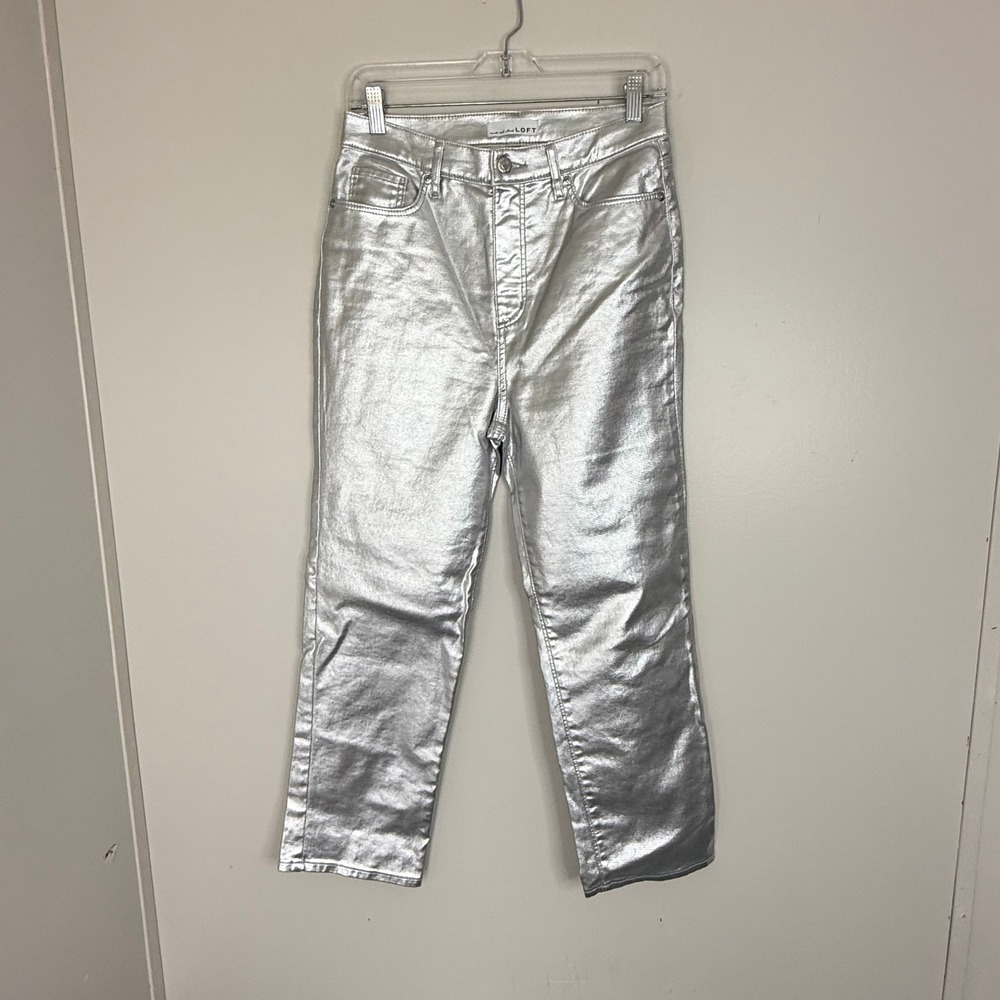 LOFT Jeans Womens 28/6 The Straight Metallic Silver High Rise Straight Leg Denim - Picture 2 of 9